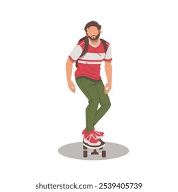 homem de faculdade usando skate e carregando saco plano design ilustração