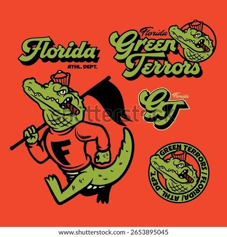 College Mascot Character Design Logo elements Crocodile Florida Walking Cartoon Croc