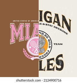 College Miami and Michigan varsity slogan typography for t-shirt. Varsity slogan print tee shirt, sport apparel print. Vintage graphics. Vector illustration.