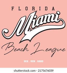 College Miami slogan typography for t-shirt. Varsity slogan print tee shirt, sport apparel print. Vintage graphics. Vector illustration.