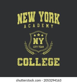 Tipografía de eslogan varsity de la academia de Nueva York de universidad para camisetas. Camiseta de lema de NY, material deportivo impreso. Gráficos vintage. Ilustración vectorial.