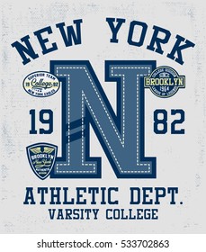 College New York, Brooklyn typography with patches, t-shirt graphics.