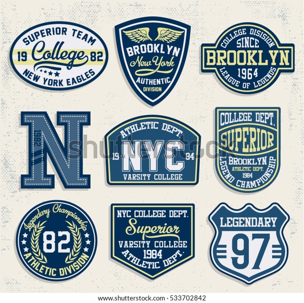 College New York, Brooklyn  typography patches,\
t-shirt graphics.