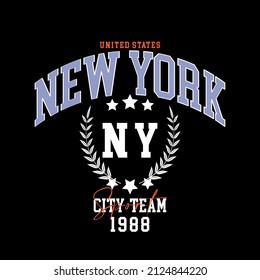 College New York slogan typography for t-shirt. Varsity slogan print tee shirt, sport apparel print. Vintage graphics. Vector illustration.