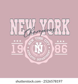 Slogan da faculdade de Nova York tipografia para t-shirt. Camiseta impressa com slogan da Varsity.  Ilustração vetorial.