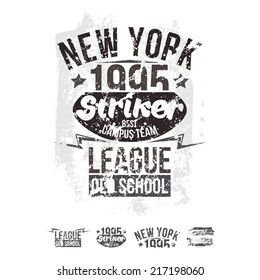 College New York team rugby retro emblem and design elements. Graphic design for t-shirt. Brown print on a white background