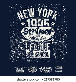 College New York team rugby retro emblem and design elements. Graphic design for t-shirt. White print on a dark background