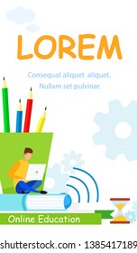 College Online Lessons Flyer Flat Vector Template. Modern and Classical Literature Digital Library Archive. Wi-Fi Connection, Gear Wheel, Hourglass Symbols. Cartoon Boy, Freelancer, Copywriter