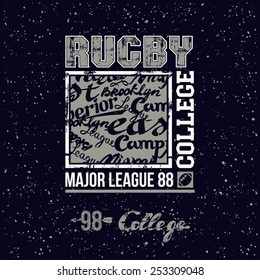 College print rugby team in retro style. Trendy graphic design for t-shirt. Color print on a black background