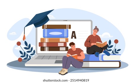 Conceito de projeto de faculdade. Homem e mulher sentam em uma pilha de livros enormes perto da tela do computador. Educação e treinamento à distância, aprendizado. Exame e teste online. Ilustração de vetor plano