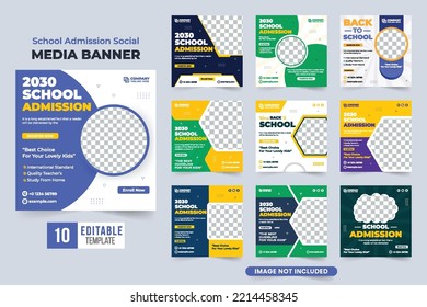 College registration and course promotion template bundle with dark and yellow colors. Back-to-school template collection vector with abstract shapes. School admission advertisement web banner set.