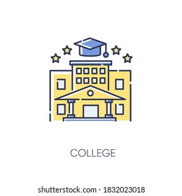 College RGB color icon. Higher education. Academic institution, prestigious gymnasium, university graduation. Campus and bachelors cap isolated vector illustration