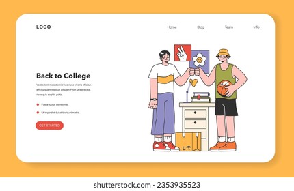 College roommates web banner or landing page. Student living and hanging out together at uni dormitory or student apartment. Teens or young adult friends. Flat vector illustration