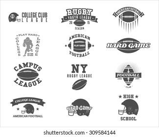 College rugby and american football team badges, logos, labels, insignias in retro style. Graphic vintage design for league tournaments, t-shirt, websites. Sports print on a white background. Vector.