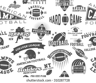 College rugby and american football team seamless pattern in retro style. Graphic vintage design for league tournaments, t-shirt, websites. Sports print on a white background. Vector illustration