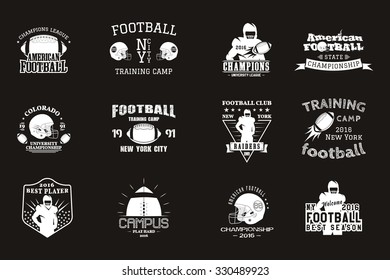 College rugby and american football team campus, college badges, logos labels insignias in retro style Graphic vintage design for t-shirt, web. Monochrome print isolated on a black background. Vector.