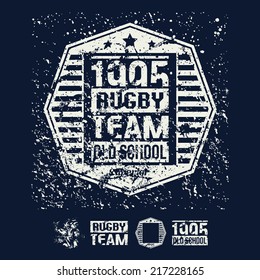 College rugby retro emblem and design elements. Graphic design for t-shirt. White print on a dark background