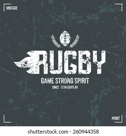 College rugby team badge in retro style. Graphic design for t-shirt. White  print on a dark background