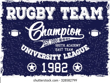 College rugby team badge in retro style. Graphic design for t-shirt. White print on a dark background