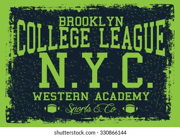 College rugby team badge in retro style. Graphic design for t-shirt. White print on a dark background