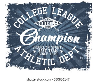 College rugby team badge in retro style. Graphic design for t-shirt. White print on a dark background