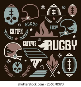 College rugby team badges in retro style. Graphic design for t-shirt. Color print on a black background