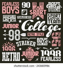 College rugby team design elements in retro style. Trendy graphic design for t-shirt. Color print on a black background