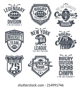 College rugby team emblem graphic design for t-shirt. Black print on white background