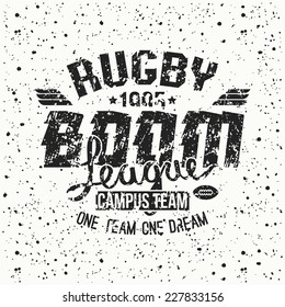 College rugby team emblem in retro vintage style. Graphic design for t-shirt. Black print on a white background