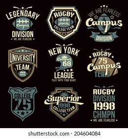 College rugby team emblems graphic design for t-shirt