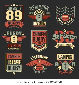 College rugby team emblems in retro vintage style. Graphic design for t-shirt. Color print on a black background