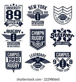 College rugby team emblems in retro vintage style. Graphic design for t-shirt. Black print on a white background