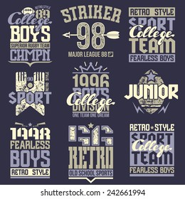 College rugby team emblems  in retro style. Trendy graphic design for t-shirt. Color print on a dark background