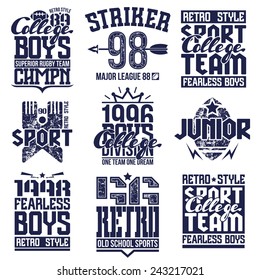 College rugby team emblems  in retro style. Trendy graphic design for t-shirt. Dark print on a white background