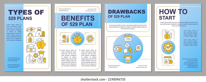 College Savings Plan Blue Brochure Template. Education. Leaflet Design With Linear Icons. Editable 4 Vector Layouts For Presentation, Annual Reports. Arial, Myriad Pro-Regular Fonts Used