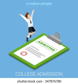 College School Admission Letter Decision Certificate Invite Flat 3d Isometry Isometric Concept Web Vector Illustration. Schoolboy Happy Jump Before Big Paper. Creative People Collection.