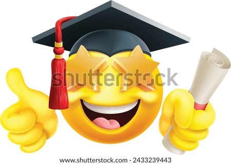 An college or school graduate at convocation or professor with stars in his or her eyes. Cartoon emoticon giving a thumbs up and holding a diploma scroll