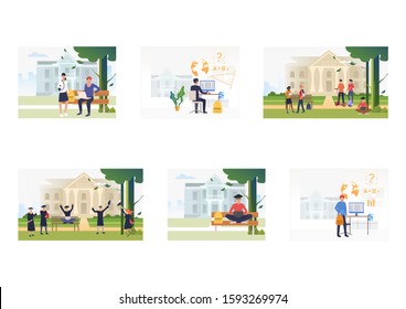 College or school set. Students studying, relaxing, celebrating near university building. Flat vector illustrations. Education, campus concept for banner, website design or landing web page