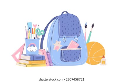 College or school stationery and backpack. Paint brushes, books pile and sport ball. Isolated study tools, ruler and pencil. Vector education elements