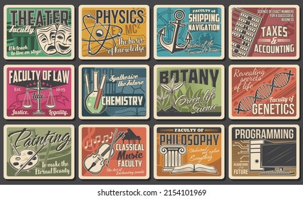 College science, art and technology faculties retro banners. Theater, painting and music, chemistry, botany and physics, genetics, programming and philosophy, law and finances faculty vector posters