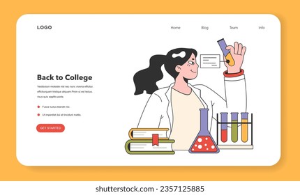 Banner web o página de inicio del laboratorio de ciencias de la universidad. Estudiante de química femenina haciendo una investigación, estudiando las propiedades de los materiales. Experimento científico en el laboratorio. Ilustración vectorial plana