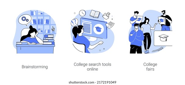 College search isolated cartoon vector illustrations set. Student thinking, preparing for exams, choosing education program online, graduate visit college fair, collect information vector cartoon.