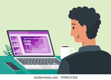College or Senior High School Student Creating Presentation Material with Program on Laptop Screen. Education Power Flat Vector Illustration. Can be Used for Digital and Printable Infographic.