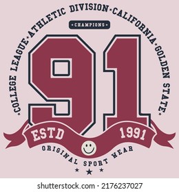 College slogan Typography with vector silhouette, Vintage Slogan T shirt Print Design. California College Athletics team