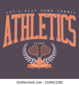 College slogan with vector Tennis Racket crossed and ball silhouette, Retro Tennis Club Vector Art Fashion Illustration. Vintage Tennis Racket Slogan Tee Print Design. Athletics