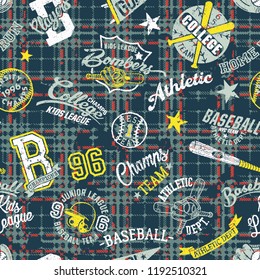 College Sport Graphics Collage With Grunge Plaid Wallpaper Abstract Vector Seamless Pattern