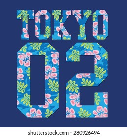 College sport Tokyo flowers typography, t-shirt graphics, vectors, girl 