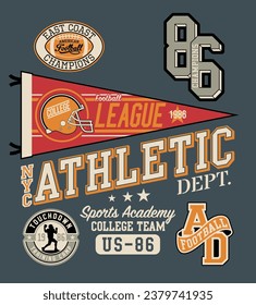 College sporting American football athletic department abstract vintage vector artwork for kid boy t shirt with embroidery applique patches