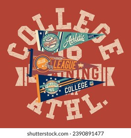 College sporting athletic department with baseball basketball football pennant flag abstract vintage vector artwork for kid boy t shirt with embroidery applique patches