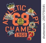 College sporting athletic department patches patchwork vintage vector print for children kid boy t shirt sport wear with embroidery patches applique